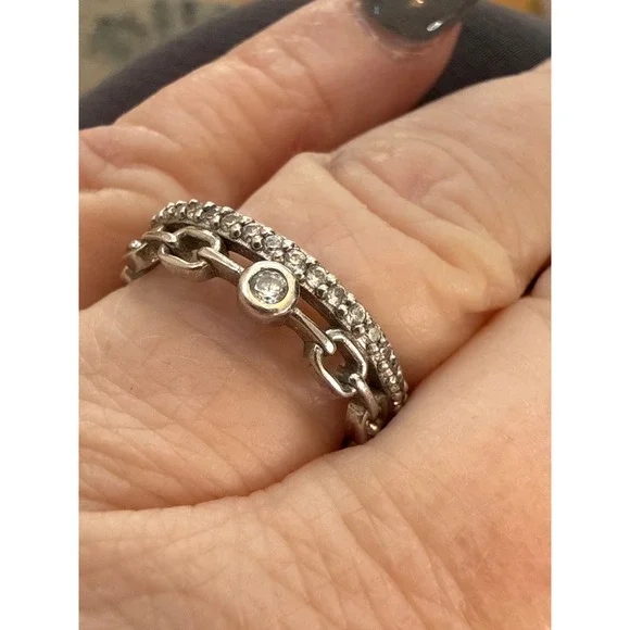 Freida Rothman 925 Sterling Silver Double Band Chain and Pave CZ Ring Stack ring - Picture 3 of 9